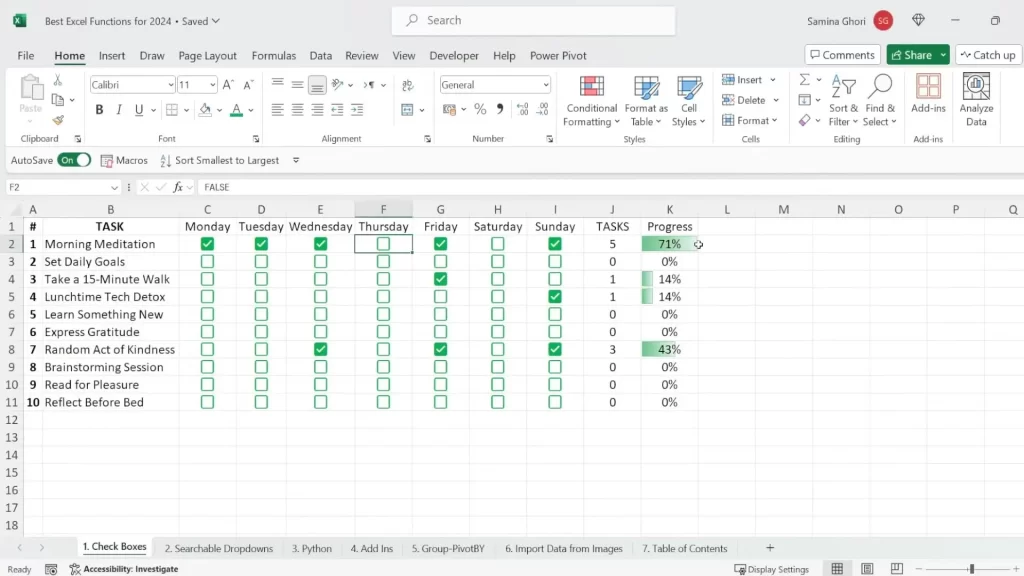 Checkboxes in Excel for Task Management