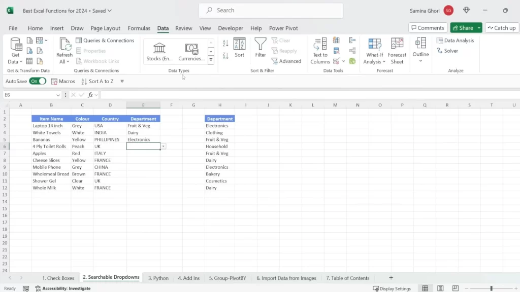 Searchable Dropdowns Boxes in Excel