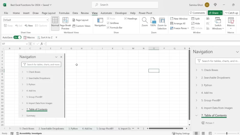 automatic table of contents feature in Excel