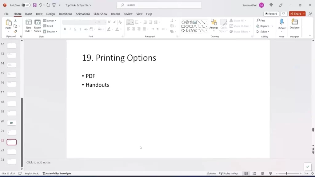Printing Options, PDFs or Slide Handouts in PPT