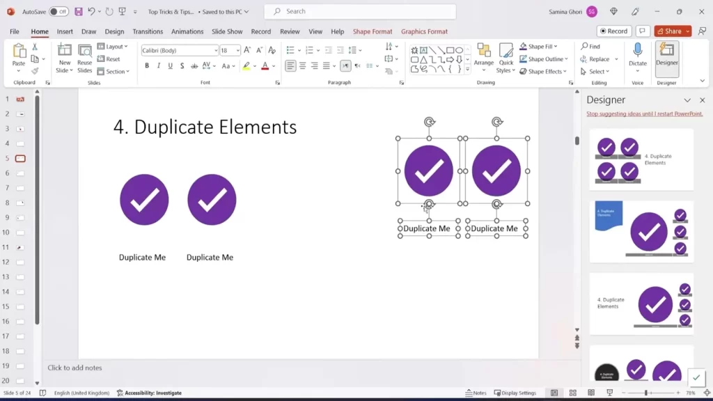 duplicate elements shortcut in PowerPoint