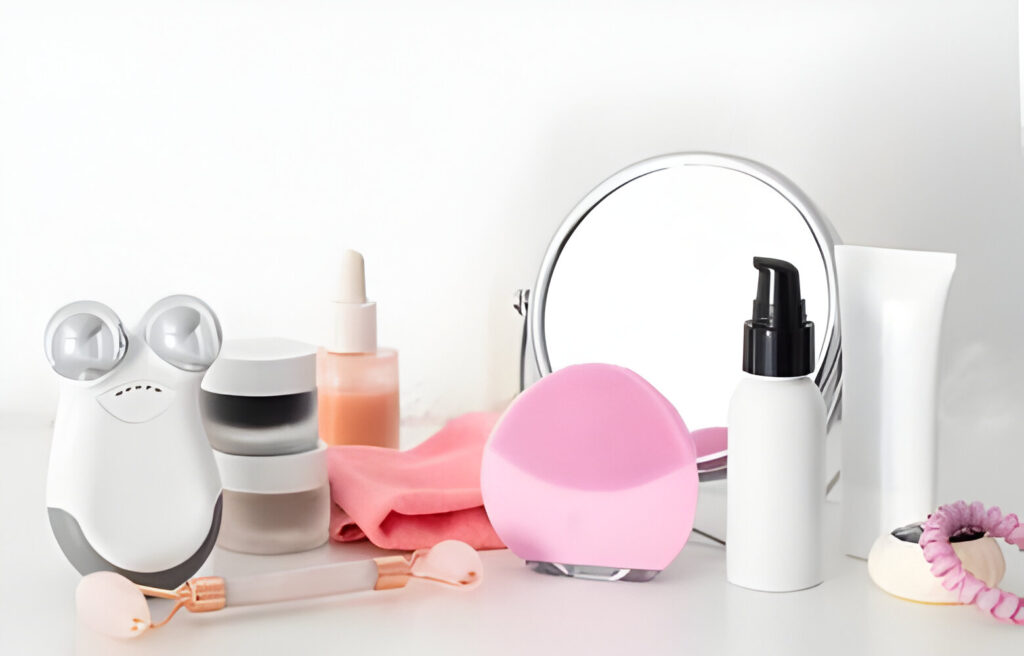 Modern beauty routine with gadgets.