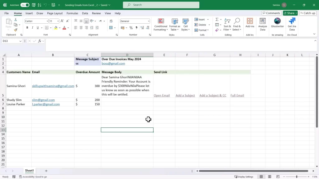 Excel Sheet Layout for Email Sending