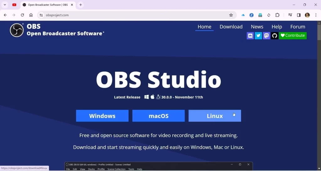 OBS Studio website displayed on a computer screen, showcasing its features and functionalities.